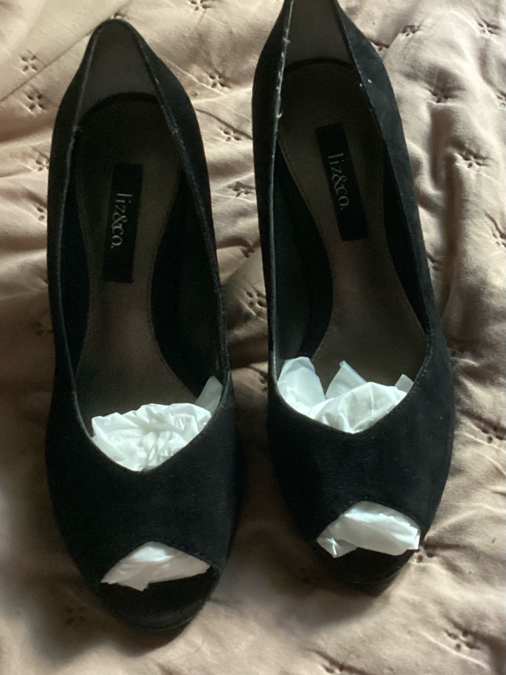 liz & co. Black Suede Peep-Toe Heels